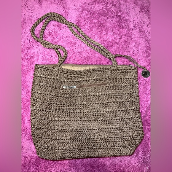 The Sak Handbags - The Sak Originals Crochet Shoulder Purse Bag Lined Zip Closure Brown Beige